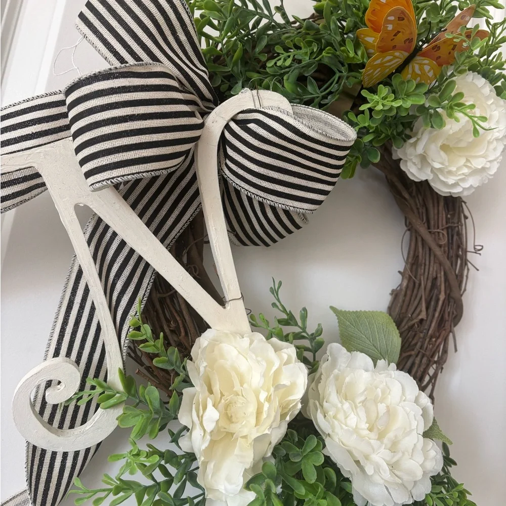 White Peony & Grapevine Wreath Greenery w/ Black Striped Burlap Bow Final Sale